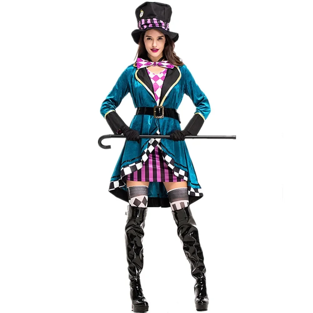Costume Cosplay Da Donna Mad Hatter Adult Fancy Dress Magic Show Tuxedo Halloween Party Carnival Witch Outfit