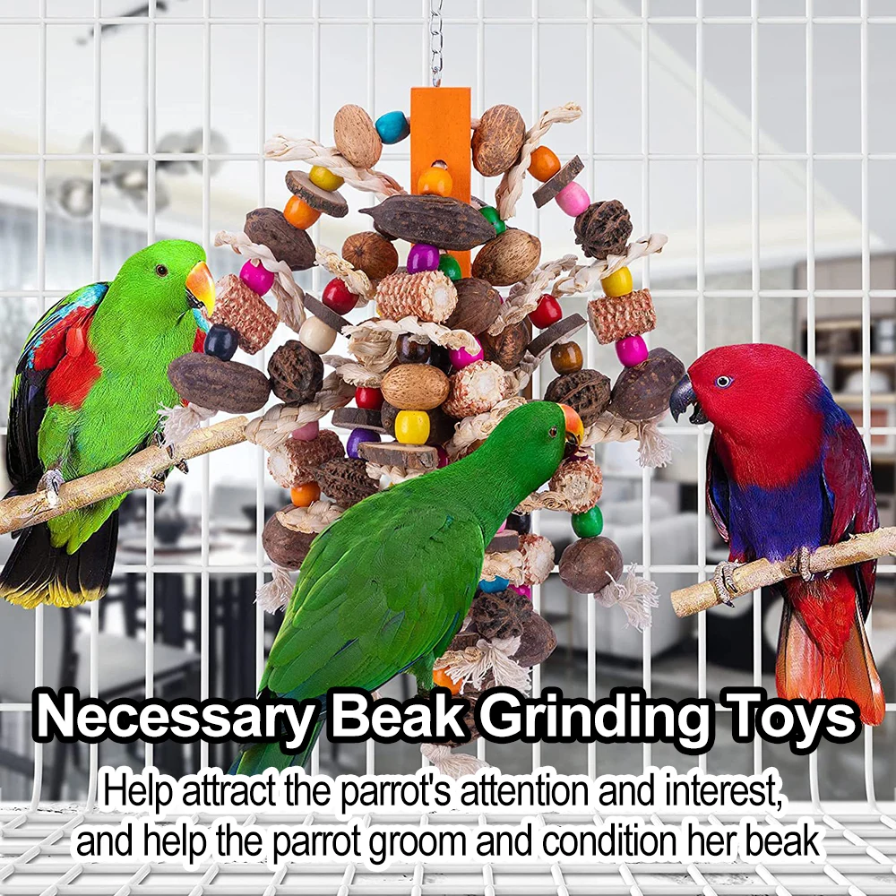 Large Parrot Chewing Toys Wooden Bird Cage Toy Natural Nuts Corn Parrot Toy for African Grey Macaws Cockatoos Other Large Birds