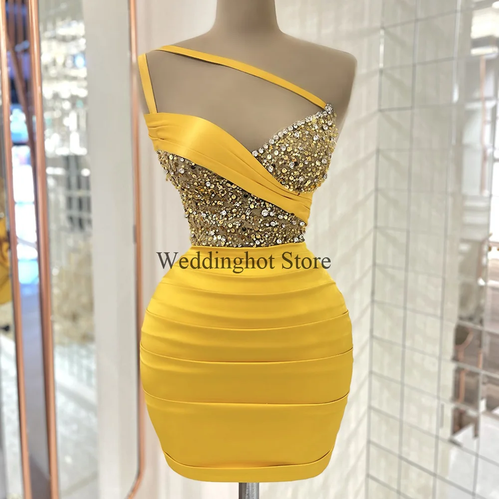 Sexy Cocktail Dresses 2023 Yellow One Shoulder Mini Cocktail Gown Luxury Beading Sequins Short Formal Party Dress for Women