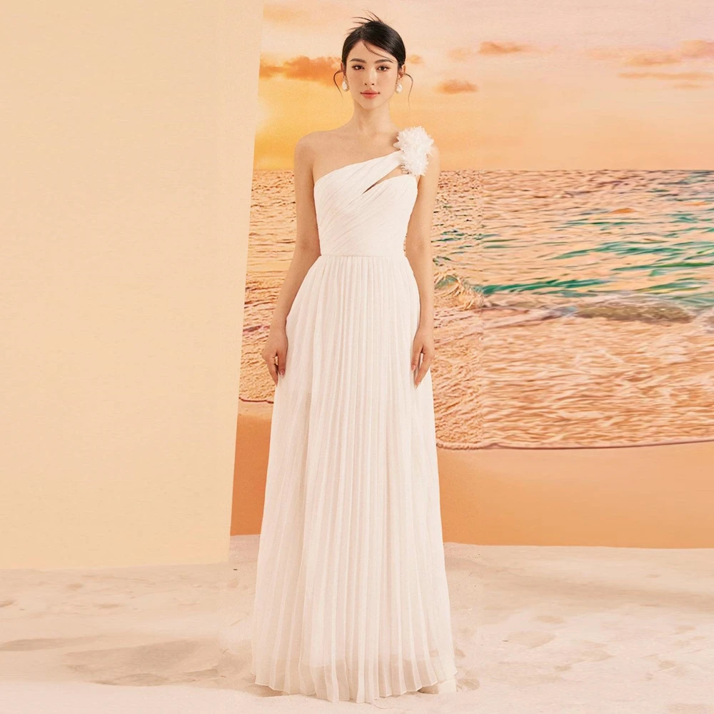 

Muloong Beige One Shoulder Maxi Dress Haute Coutune Pleated Formal Gown Floor Length Flowy Style 3D Flowers Evening Gown