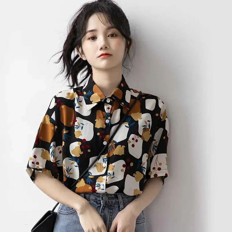 프린트 셔츠 여름 여성 티셔츠 루즈 블라우스 십대를위한 귀여운 탑스 반소매 미적 의류 Vintage Korean Fashion