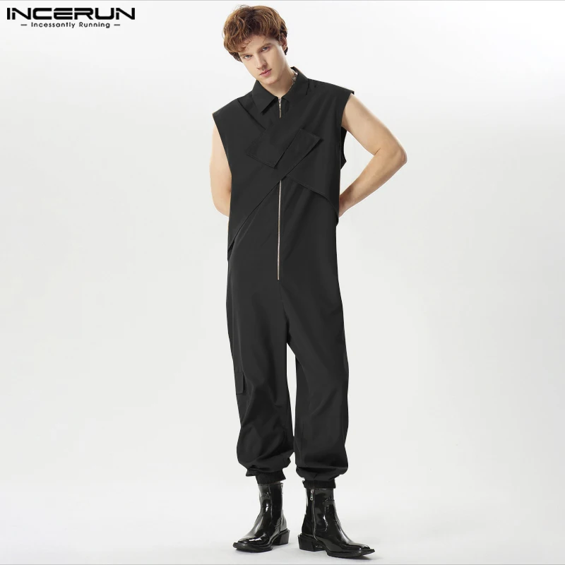 

INCERUN 2024 American Style New Men's Cross Design Zippered Overalls Jumpsuits Casual Streetwear Solid Sleeveless Rompers S-5XL