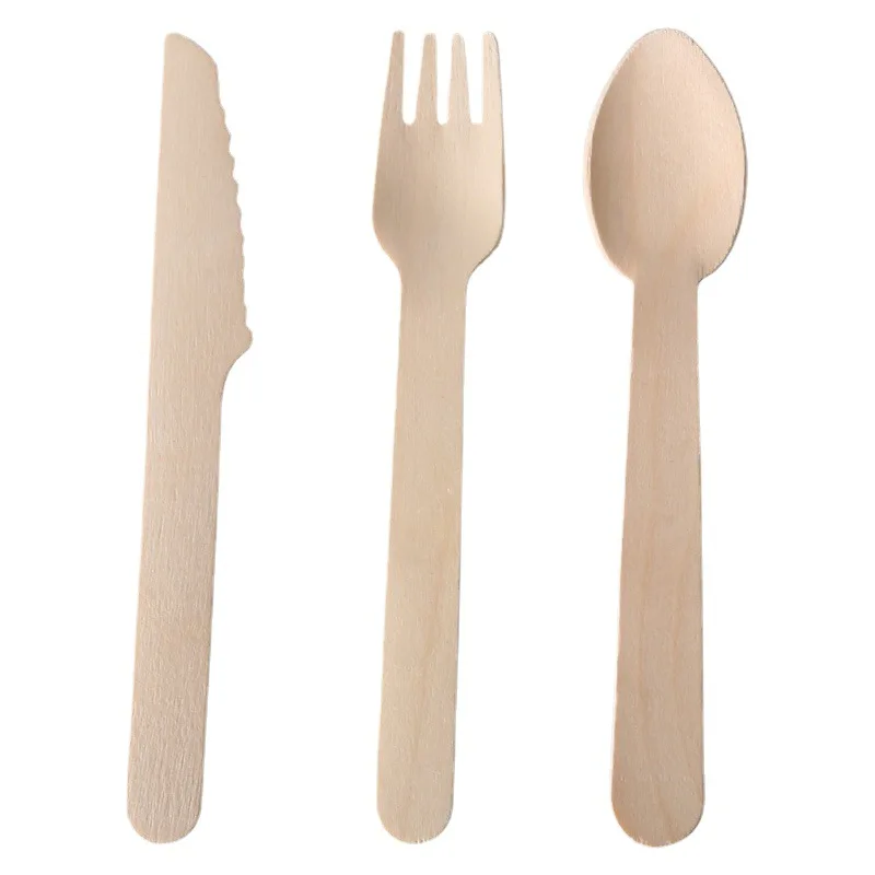 100Pcs Biodegradable Disposable Wooden Knife Fork Spoon Environmentally Friendly Tableware Set Cake Fork Ice Cream Dessert Spoon