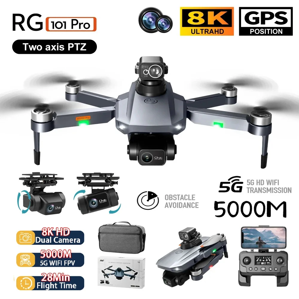 Drone professionnel RG101 PRO/MAX en vol avec GPS et FPV, évitement d'obstacles 360° actif