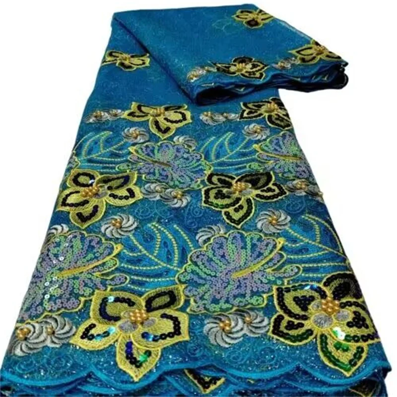 

Зеленые/желтые Новые бусины, кружевная ткань 2023, африканская швейцарская вуаль, вышивка 3D блестками, сетчатая Кружевная Ткань 5 ярдов для шитья