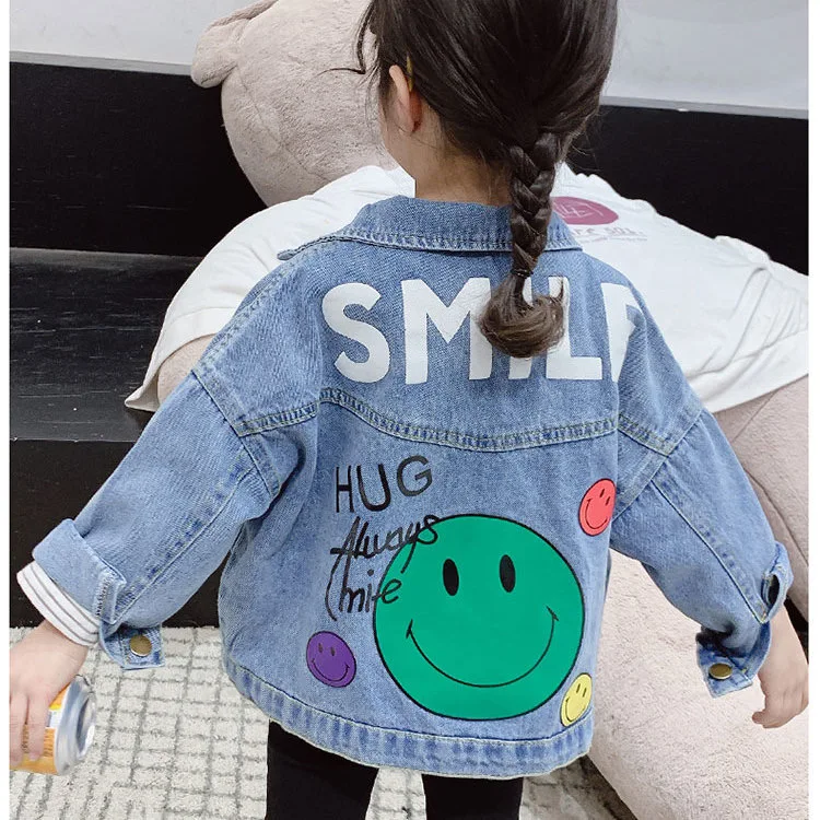 windbreaker coat 2-10 Years Old Spring Autumn Denim Girls Coat Smile pattern Full Sleeve Windbreaker For Kids 2022 New Teenager Children Jacket Outerwear & Coats comfortable Outerwear & Coats