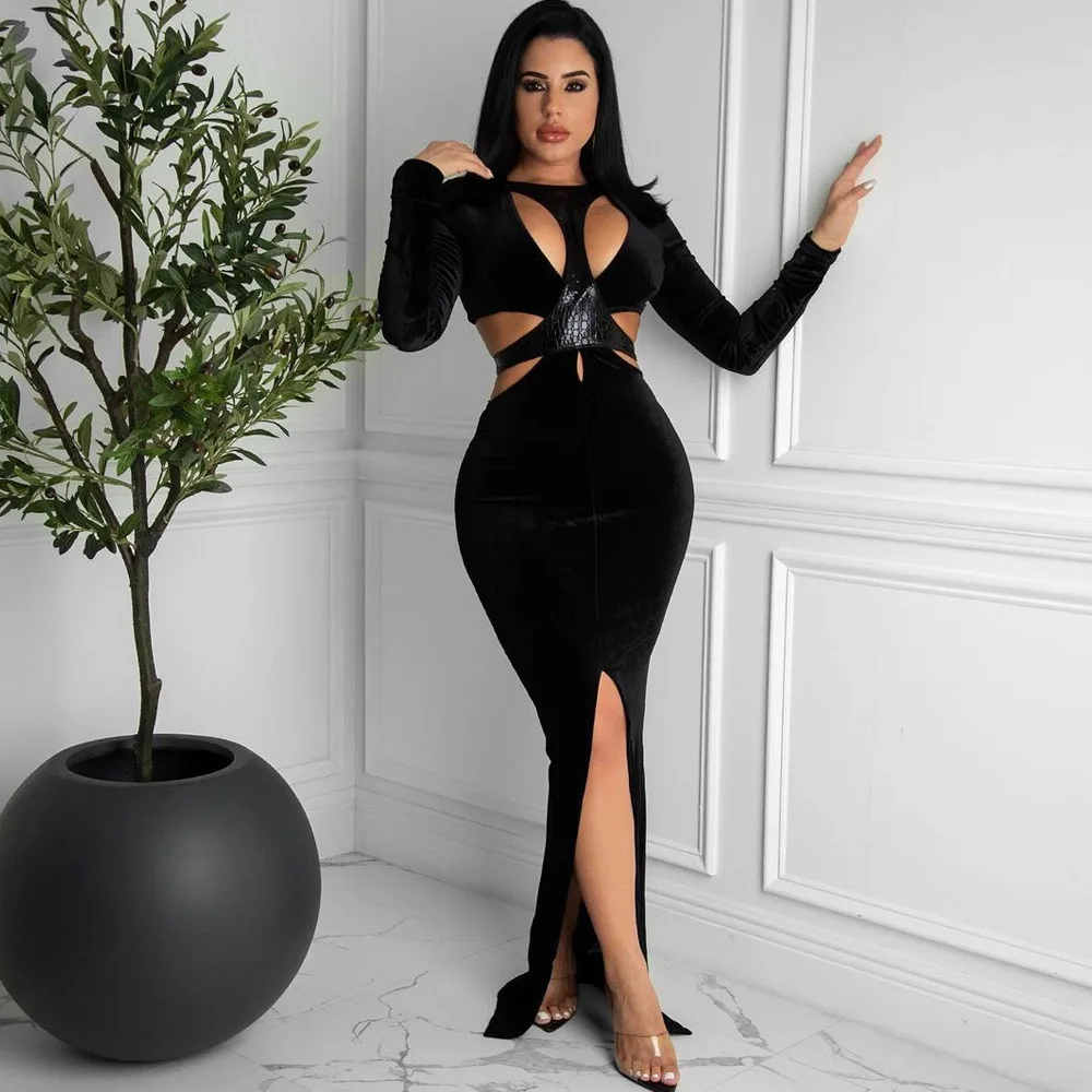 

Sexy Deep V-Neck High Split Hollow Out Long Sleeves Trumpet Night Club Party Dresses New Arrival Evening Leather Long Dresses