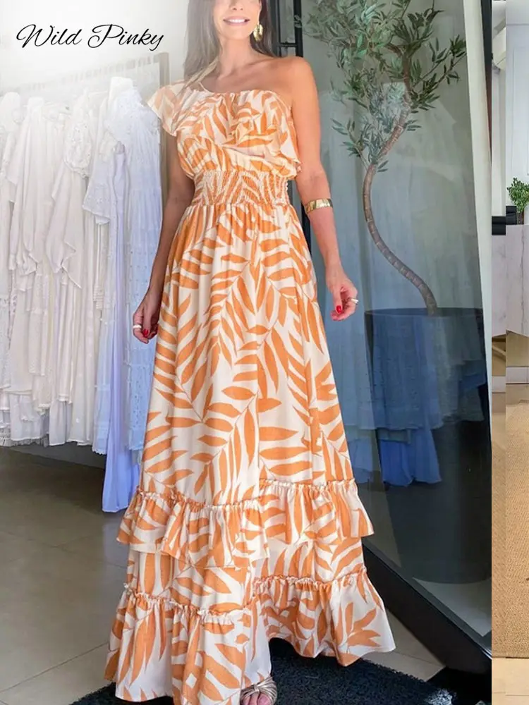 

WildPinky 2023 Summer Long Dress Women Elegant Slash Neck Ladies Print Maxi Party Ruffles Holiday A-line Layer Dress For Women