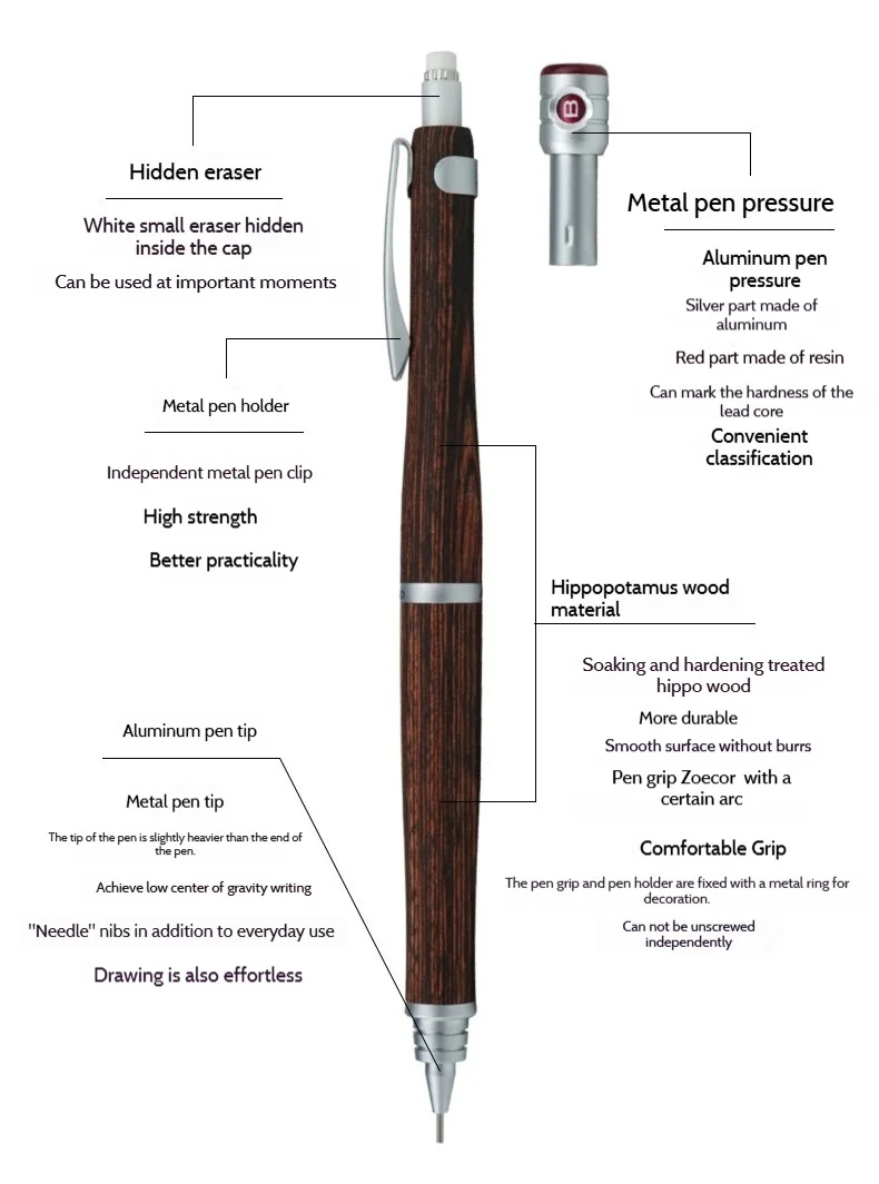 Japan PILOT S20 Druckbleistift, 0,5 mm, niedrige Schwerkraft, Metallspitze, Holzgriff, Schreib-/Zeichen-/Zeichenstifte, klassisches, elegantes Geschenk – Detail 2