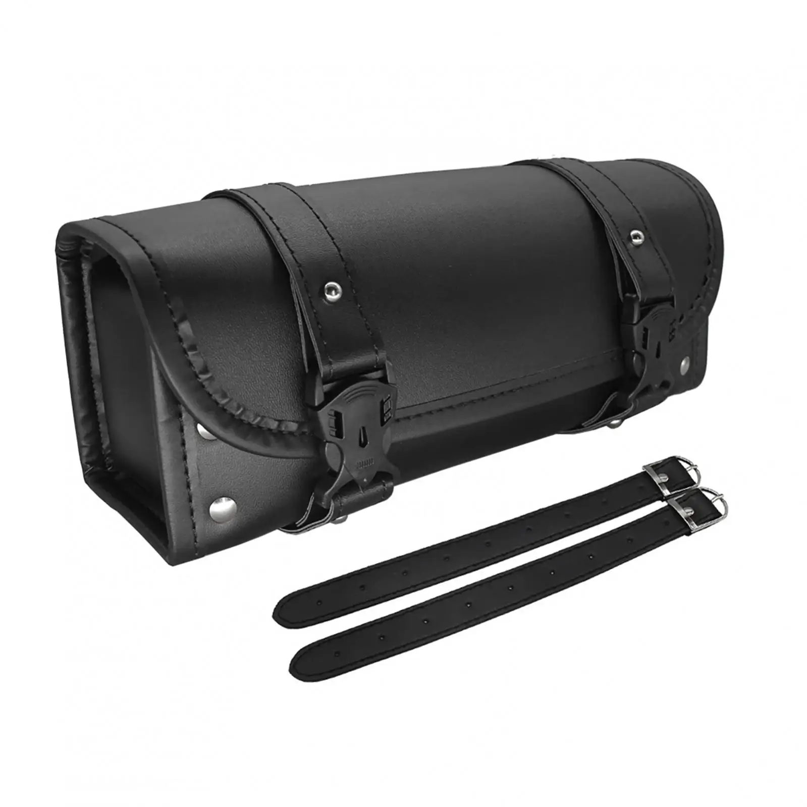 Universal PU Leather Motorcycle Fork Tool Bag with 2 Adjustable Buckle Straps Handlebar Sissy Bar Storage Luggage Bag