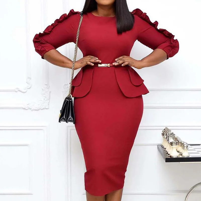 Ruffles Women Solid Color Midi Pencil Skirt Commute Round Neck Back Zipper Design Three Quarter Sleeve Bag Hip Plus Size Dresses