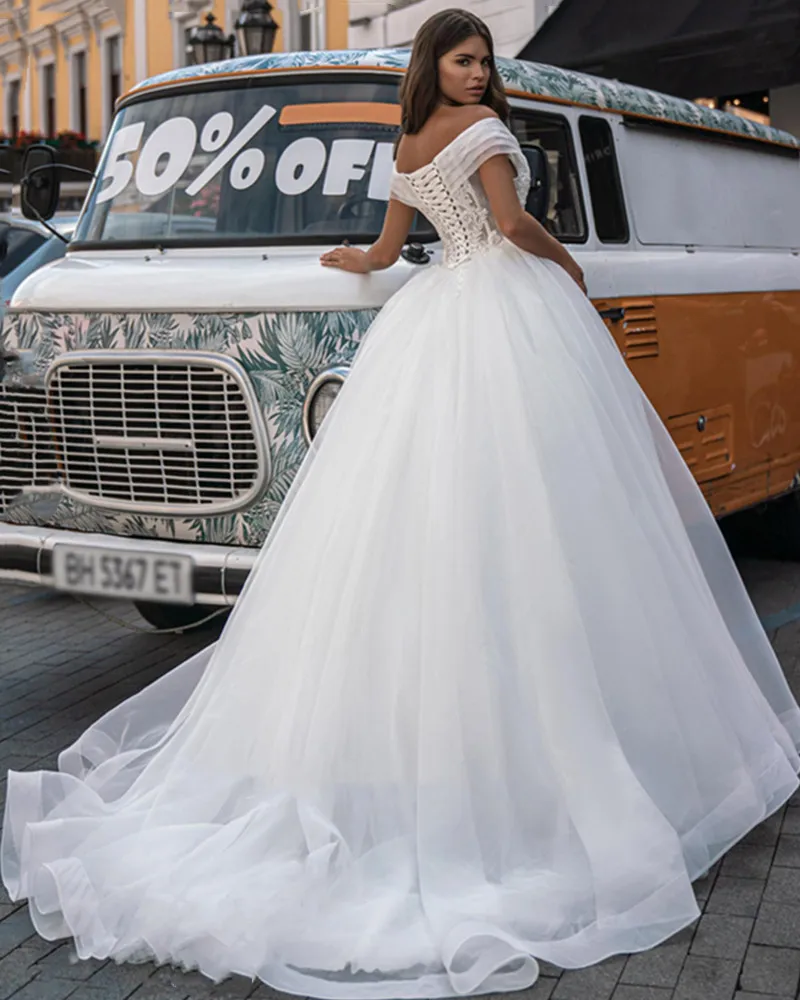 long sleeve bridal gowns Princess V-Neck Lace Wedding Dress Ball Gown 2022 Off The Shoulder Bride Dress Lace Up Back Pleats Robe De Mariée Custom Made tea length wedding dress