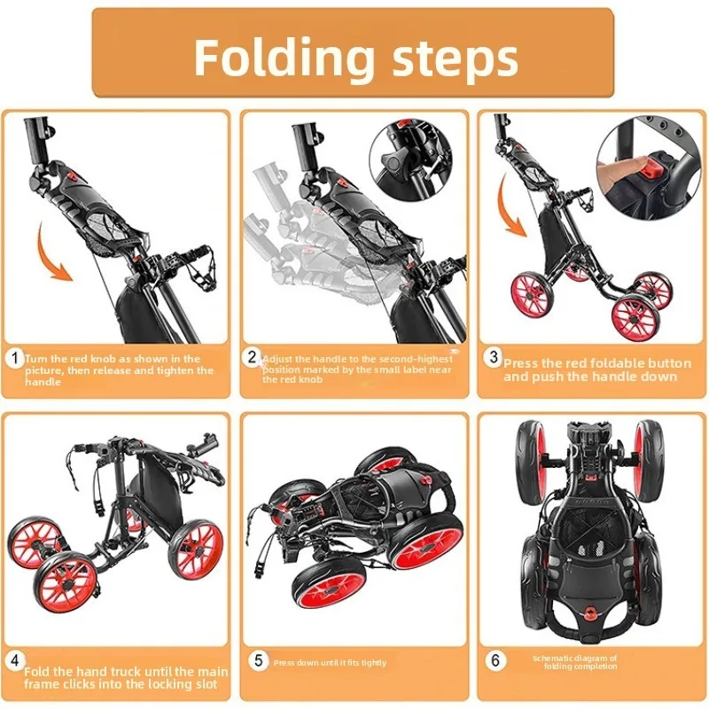 휴대용 접이식 알루미늄 합금 4륜 골프 카트 핸드 푸 카트 편리한 골프백 캐리어(음료 홀더&우산 홀더 포함)