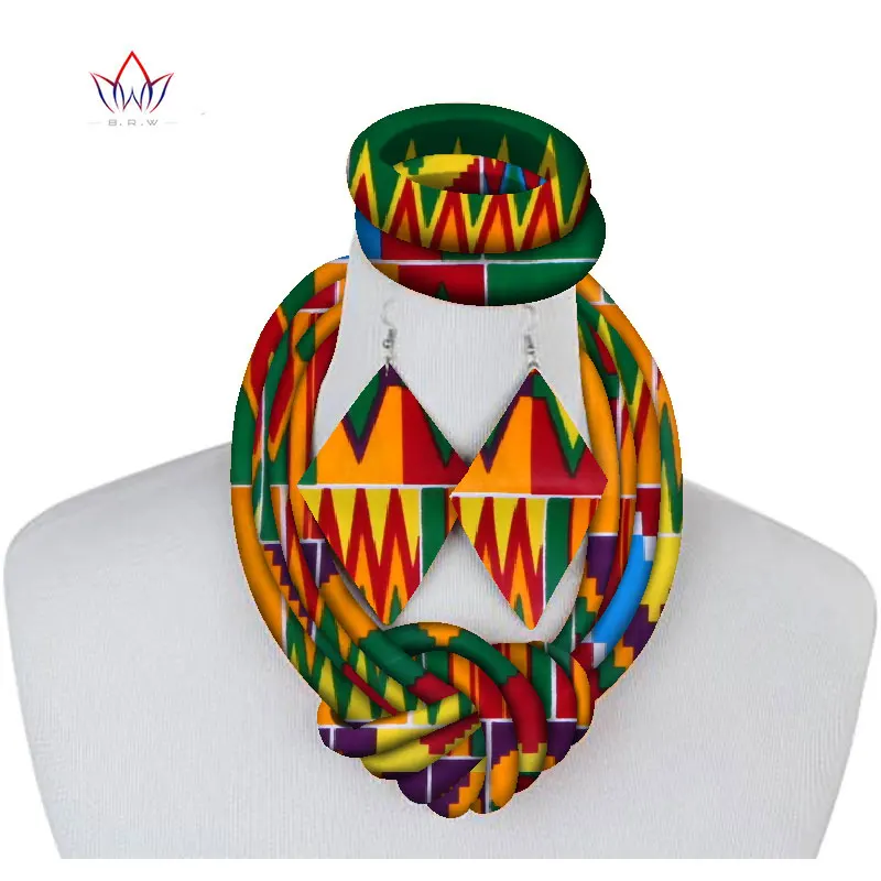 New Trend African Rope Necklace Print Wax Ankara Fabric Set Side Knot Necklace Bracelet and Earrings 3 Pieces Set  SP083