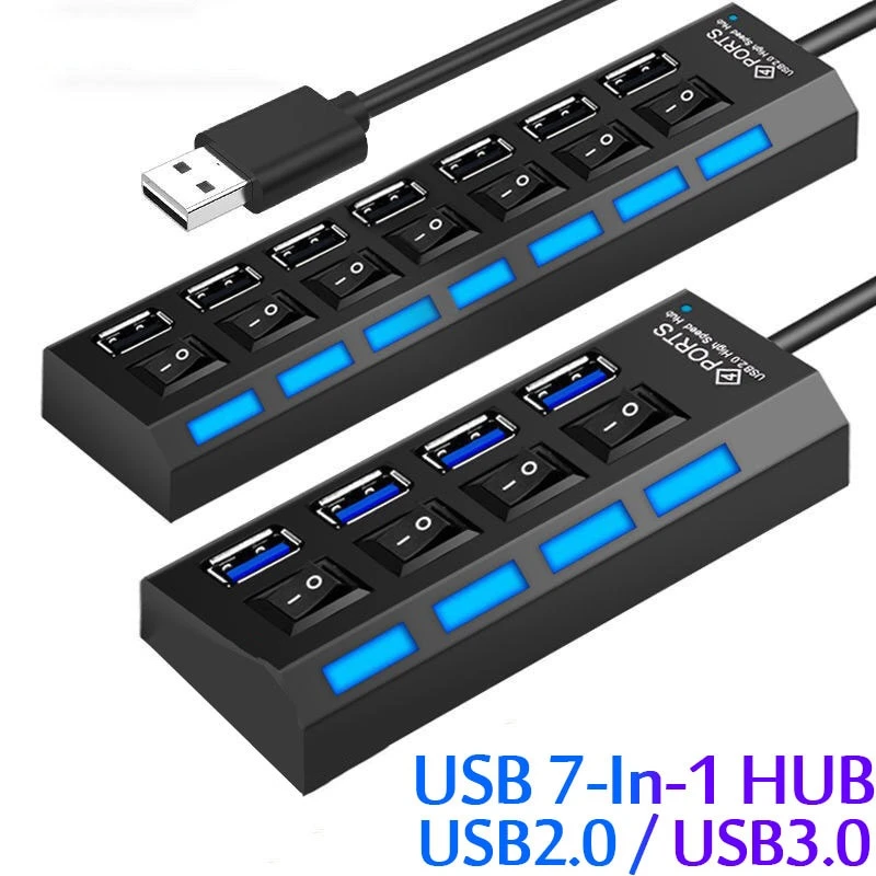 

High Speed 4/7 Ports USB HUB 2.0 Adapter Expander Multi USB Splitter Multiple Extender with LED Lamp Switch for PC Laptop