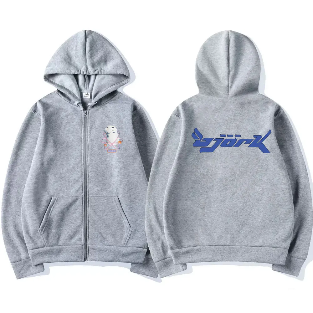 90s Vintage Singer Bjork Army of Me Bear Music Album Graphic Zipper Hoodie Men Women Fashion Zip Up Jacket Oversized Sweatshirt