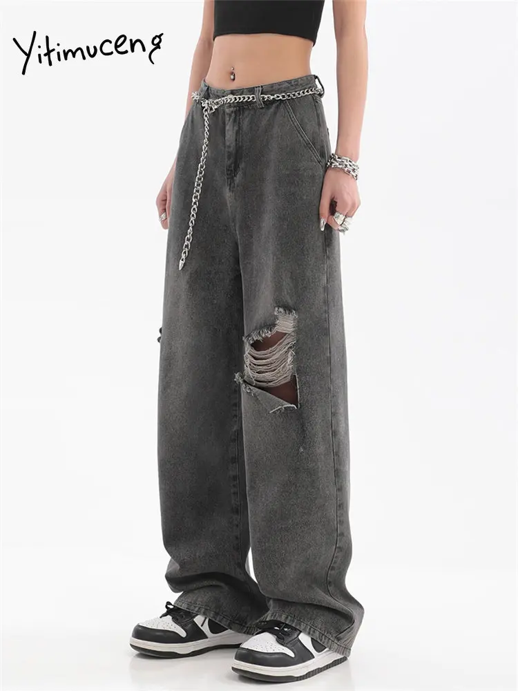 

BabYoung Ripped For Women 2023 New Fashion Streetwear Wide Leg Jeans BabYoung Chic Loose Straight Full Length Y2k Pants