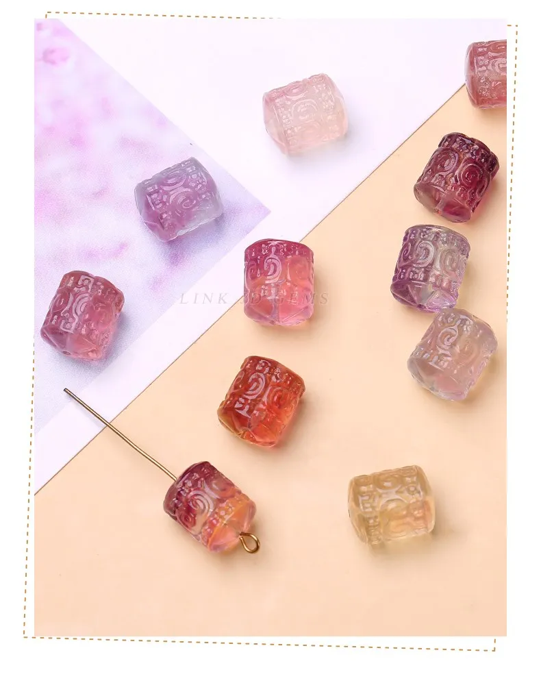 10 teile/los natürliche Fluorit gemusterte zylindrische Form geschnitzte Perle mit Loch Anhänger für Schmuck machen DIY Halskette Armband – Detail 8