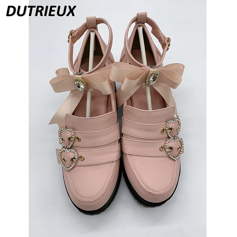Japanese Heart Rhinestone Buckle Round Head Chunky Heels Women's 2023 Spring and Autumn High Heel Shoes Patent Leather Pump