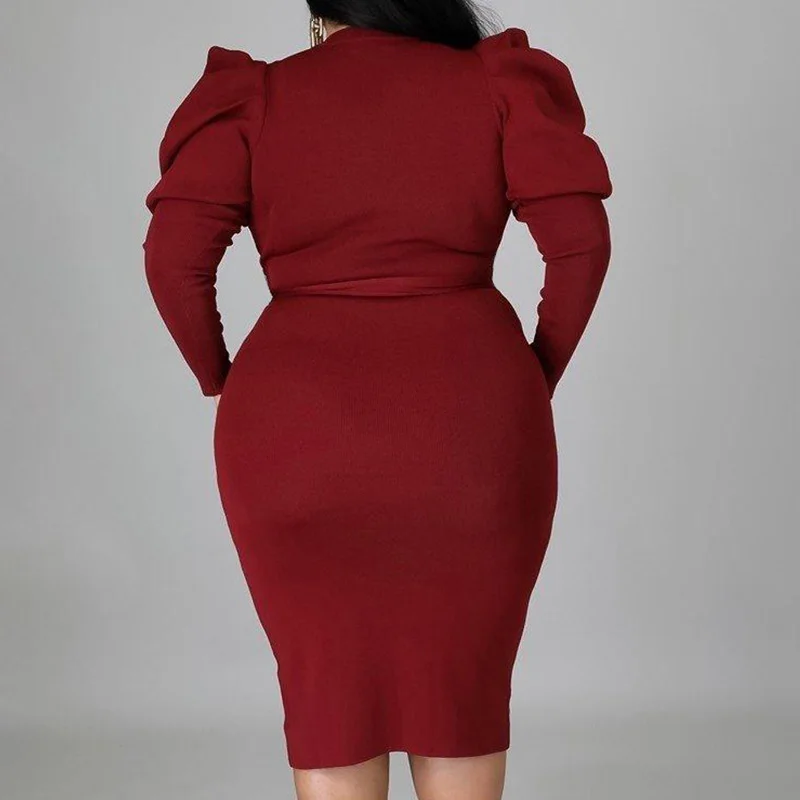 Elegant Plus Size Women's Clothing Round Neck Solid Color Bag Hip Lacing Long Sleeve Autumn Slim High Waist Midi Evening Dress