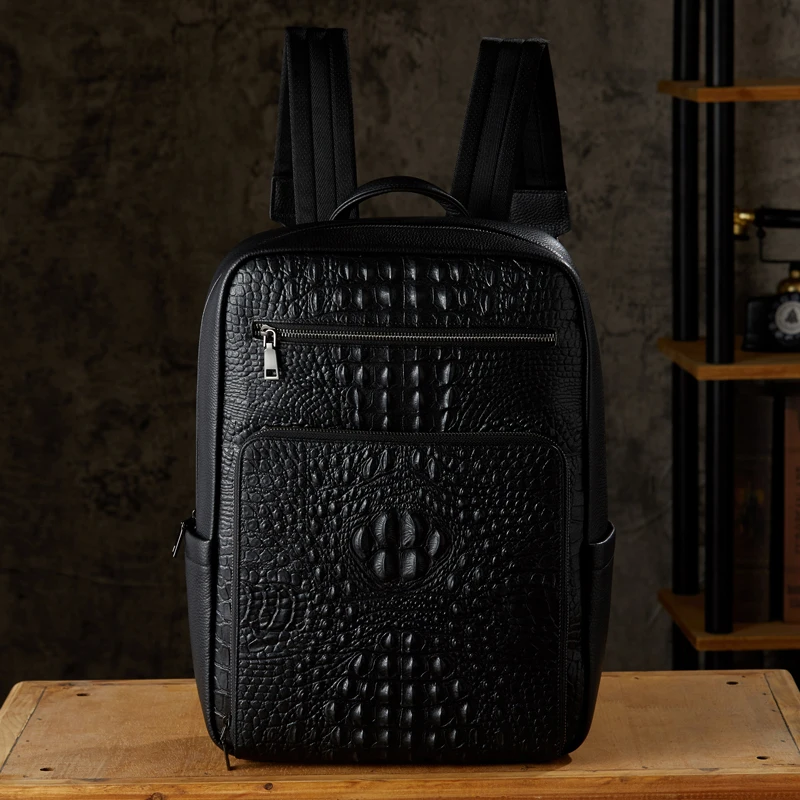 Handmade Crocodile Pattern Genuine Leather Backpack Men Fashion Full Grain Cowhide Leather Travel Bag Office Laptop Knapsack Bag