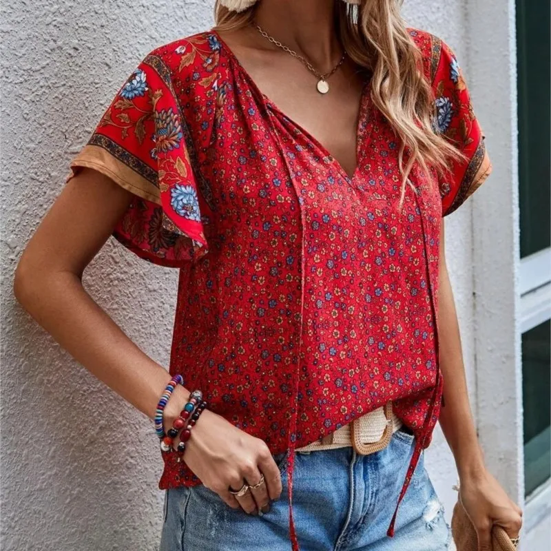 

2024 Women's Summer New Casual Ethnic Style Printed V-neck Short Sleeved Loose Fitting Shirt Ladies Flower Print Pullover Blouse