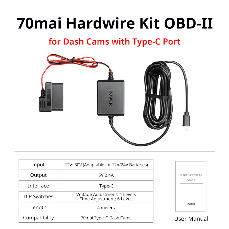70mai Hardwire Kit OBD II Tpye-C USB-C interface for 70mai 4K Dash
