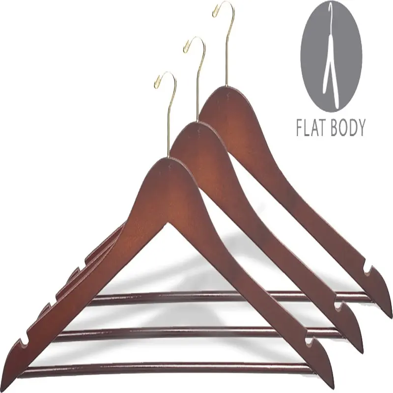 

Wood Security Suit Hanger w/ Solid Wood Bar and Brass Mini Hook, (Box of 50) Space Saving 17 Inch Flat Wooden Hangers w/ Walnut