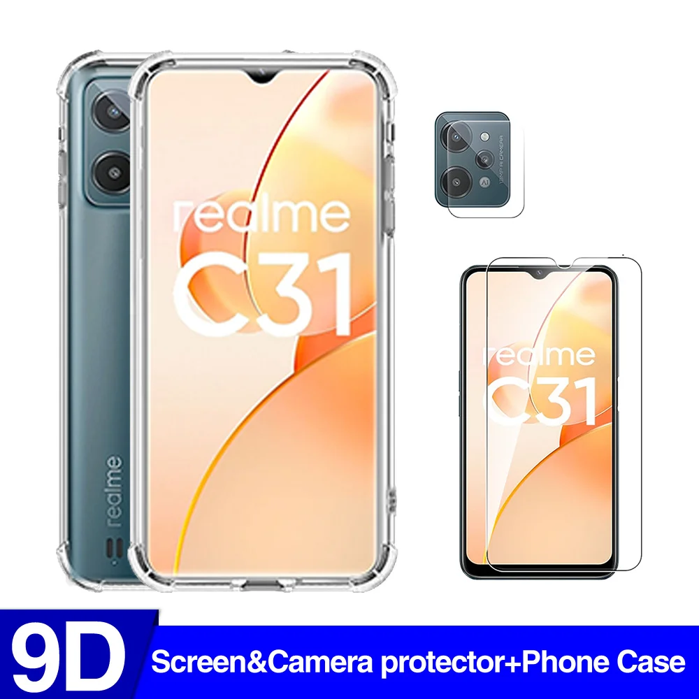 3 в 1 противоударный Прозрачный чехол для телефона Realme C31 4G чехол закаленное стекло для Realme C31 Realmi c 31 31c 6,5 дюймовая пленка для камеры