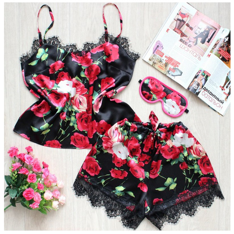 Trendy European & American Bestseller: Women's Sexy Lace-Paneled Printed Stretch Satin Camisole & Shorts 2-Piece Loungewear Set