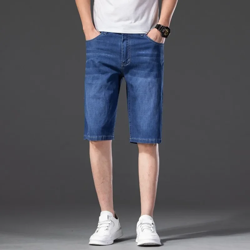 2024 Men Knee Length Soft Light Blue Casual Shorts Summer Brand Stretch Thin High Quality Cotton Denim Jeans  Plus Size 28-46 4