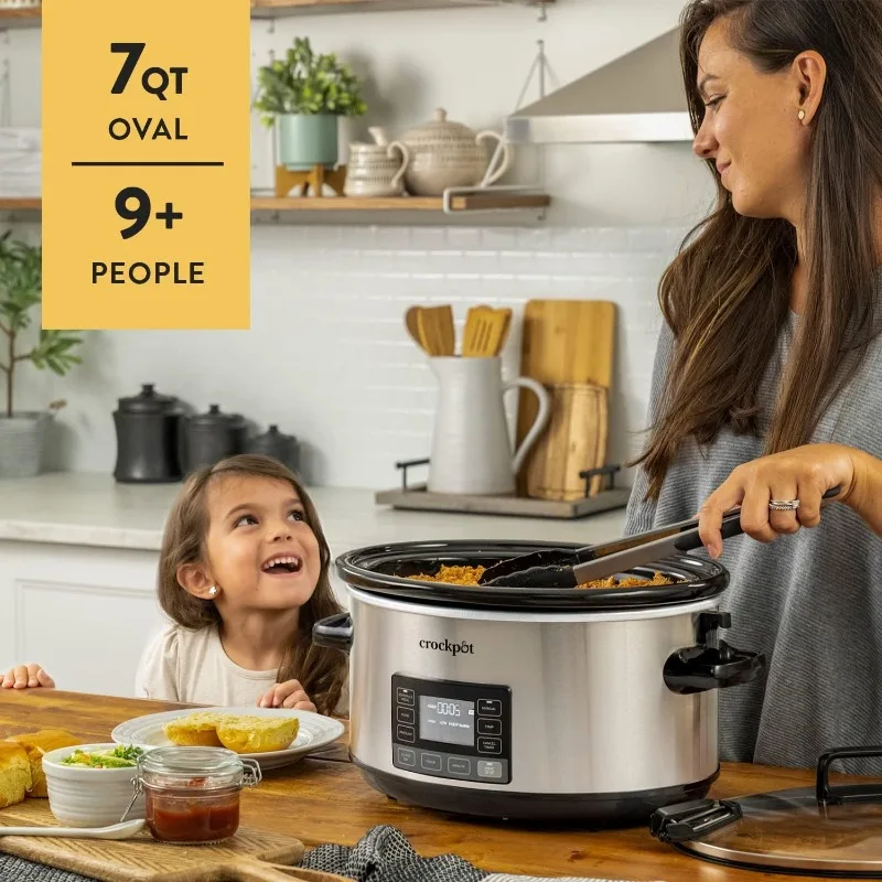 7 Quart Programmable Slow Cooker with Three Temperature Settings, Lid Latch  Strap for Easy Travel, Dishwasher Safe Crock - AliExpress