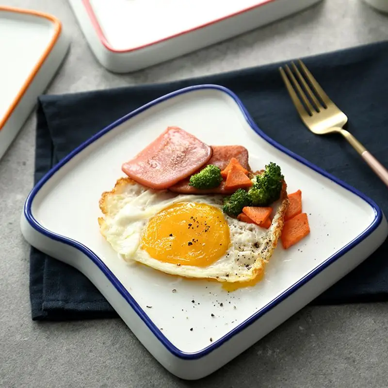 Bread Shaped Ceramic Breakfast Dessert Plate Toast Dishes Salad Fruit Snack Tray Household Tableware Dinner Plate Tableware 1PC
