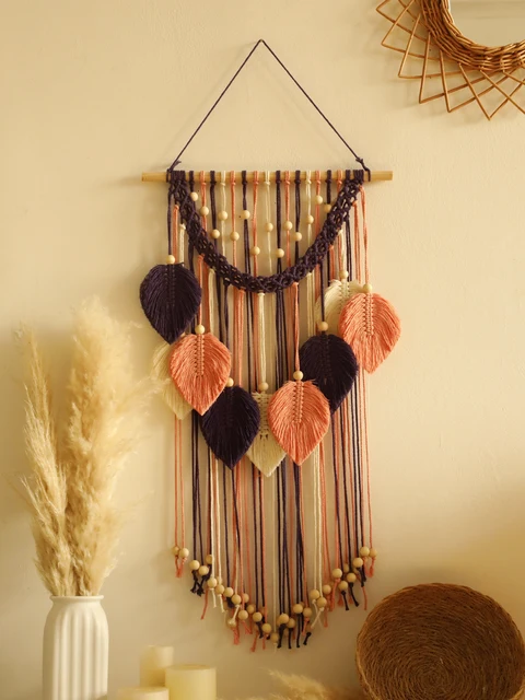 Tapisserie de feuilles multicolores tissées à la main, macramé Boho avec perles en bois, artisanat mural, décoration de la maison nordique, cadeau de fête des mères 3