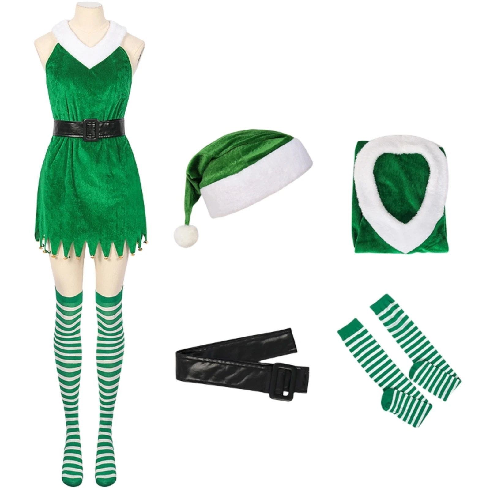 thumbnail image 1 of Disfraz de Papá Noel navideño de lujo para adultos, disfraz de duende navideño, traje de fiesta Macot con sombrero, atuendo de carnaval de Halloween para niñas, 1 of 5