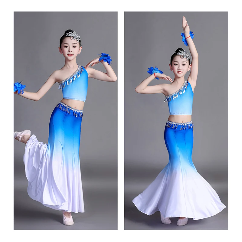 1 Set Child Minority Peacock Dance Skirts Traditional National Dai Dance Costumes Girl Classical Fishtail Wrap Hip Dress
