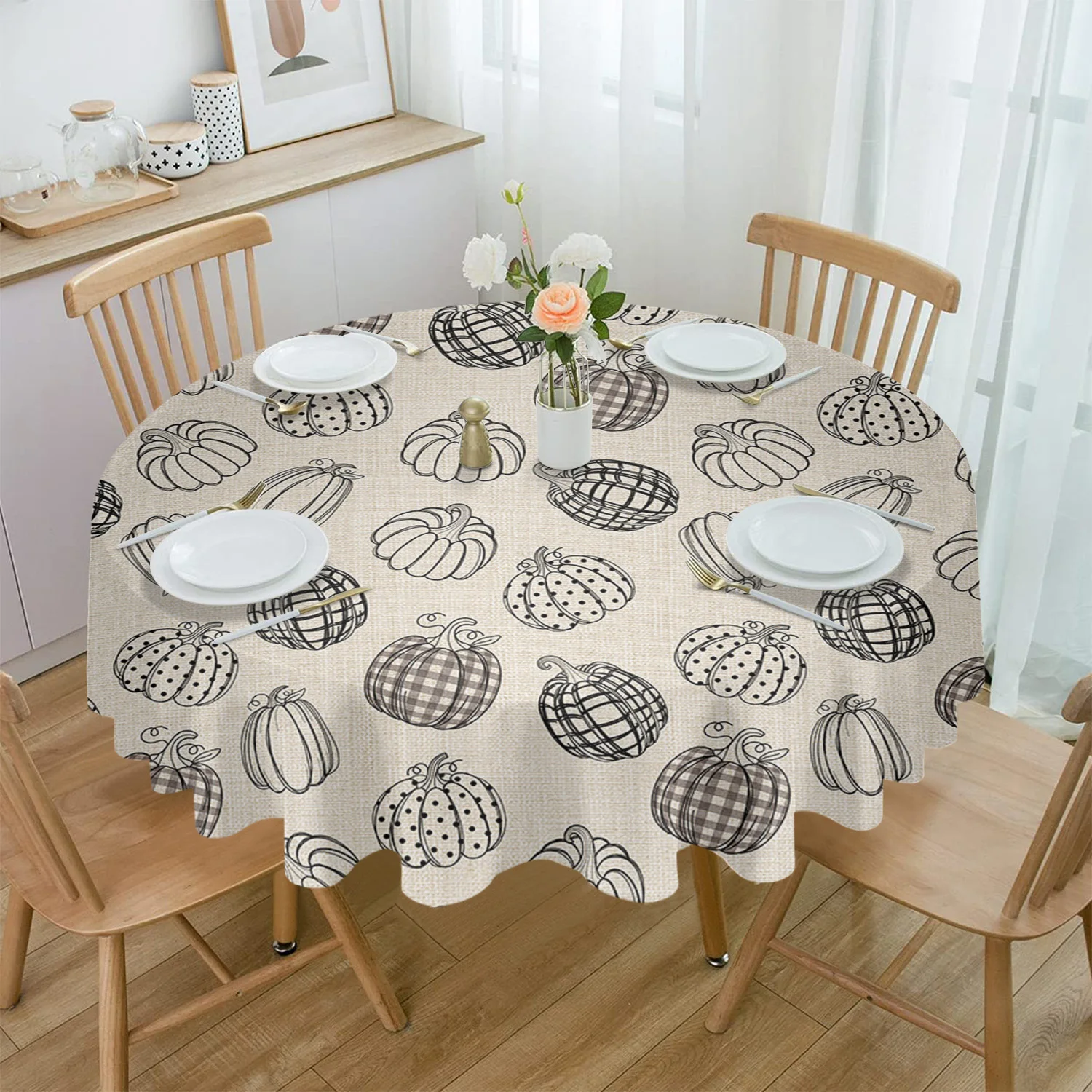 

Thanksgiving Pumpkin Hand Drawn Autumn Round Tablecloth Waterproof Wedding Party Table Cover Holiday Dining Table Tablecloth