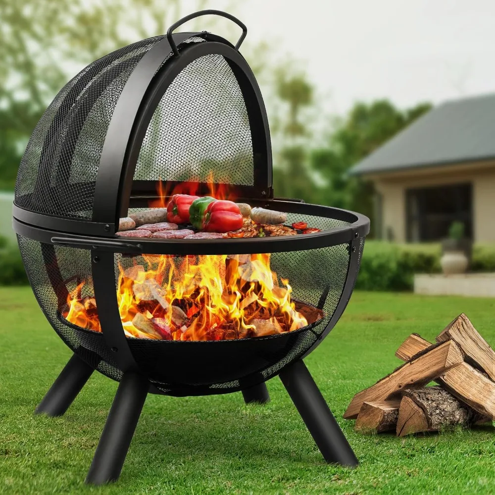 Ball of Fire Pit 35" Outdoor fire with BBQ Grill Globe Large Round Pit,Patio Fireplace for Camping, Heating, Bonfire and P
