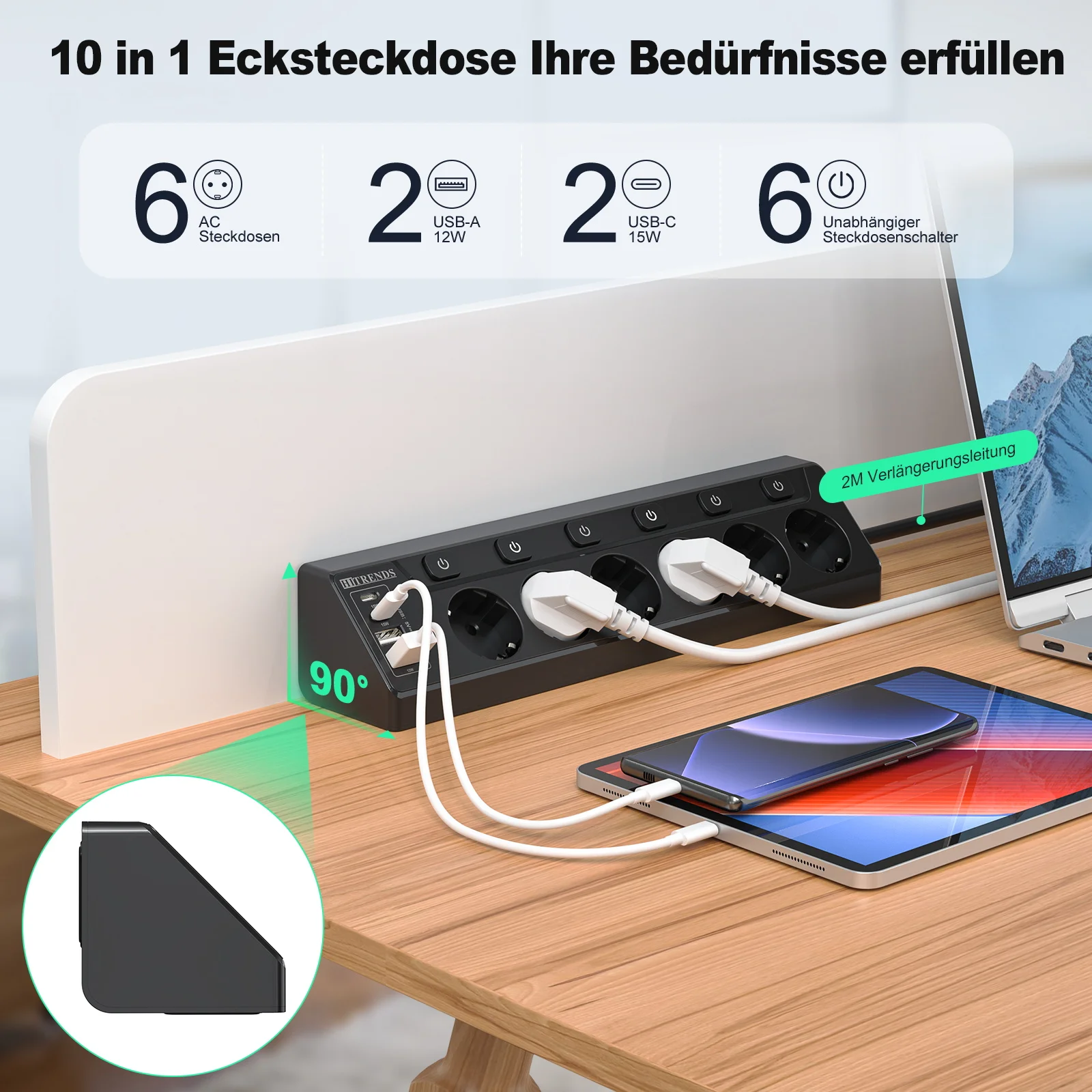 6 way European mulit plug Power Strip with 2 USB 2 Type C, Corner Multi-functional socket with 2m cable for Home Table 2