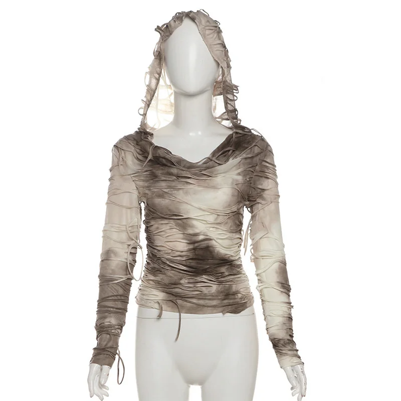 Wasteland Tops Mujer Y2K Ropa Tie Dye Estampado Rasgado Camiseta de Manga Larga con Capucha Ropa Cybercore de los 2000 Ropa Urbana