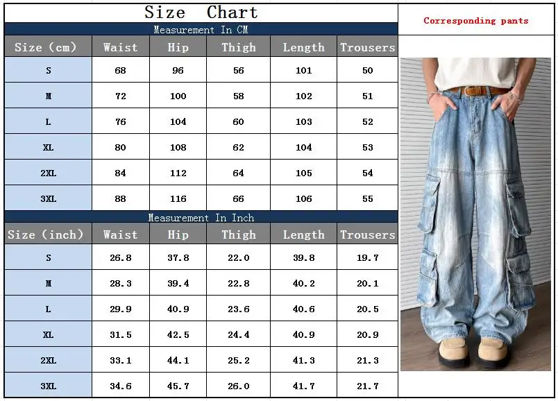 2025 Trashy Y2K 2000S Washed Blue Baggy Cargo Jeans Hose für Herren 90S Vintage Kleidung Multi Pockets Denim Hose Ropa Hombre – Detail 3