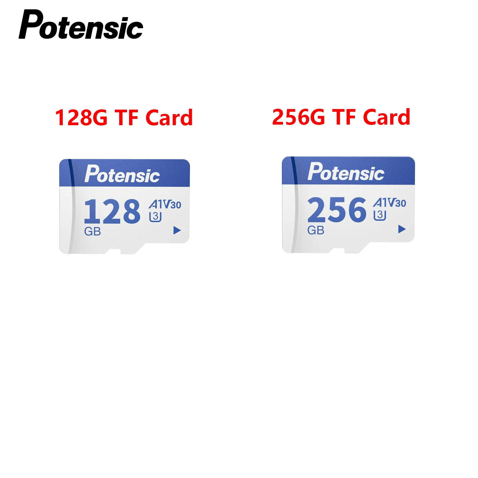 Détail de la carte mémoire Potensic 128 Go montrant les logos A1, U3 et V30 sur l'étiquette.