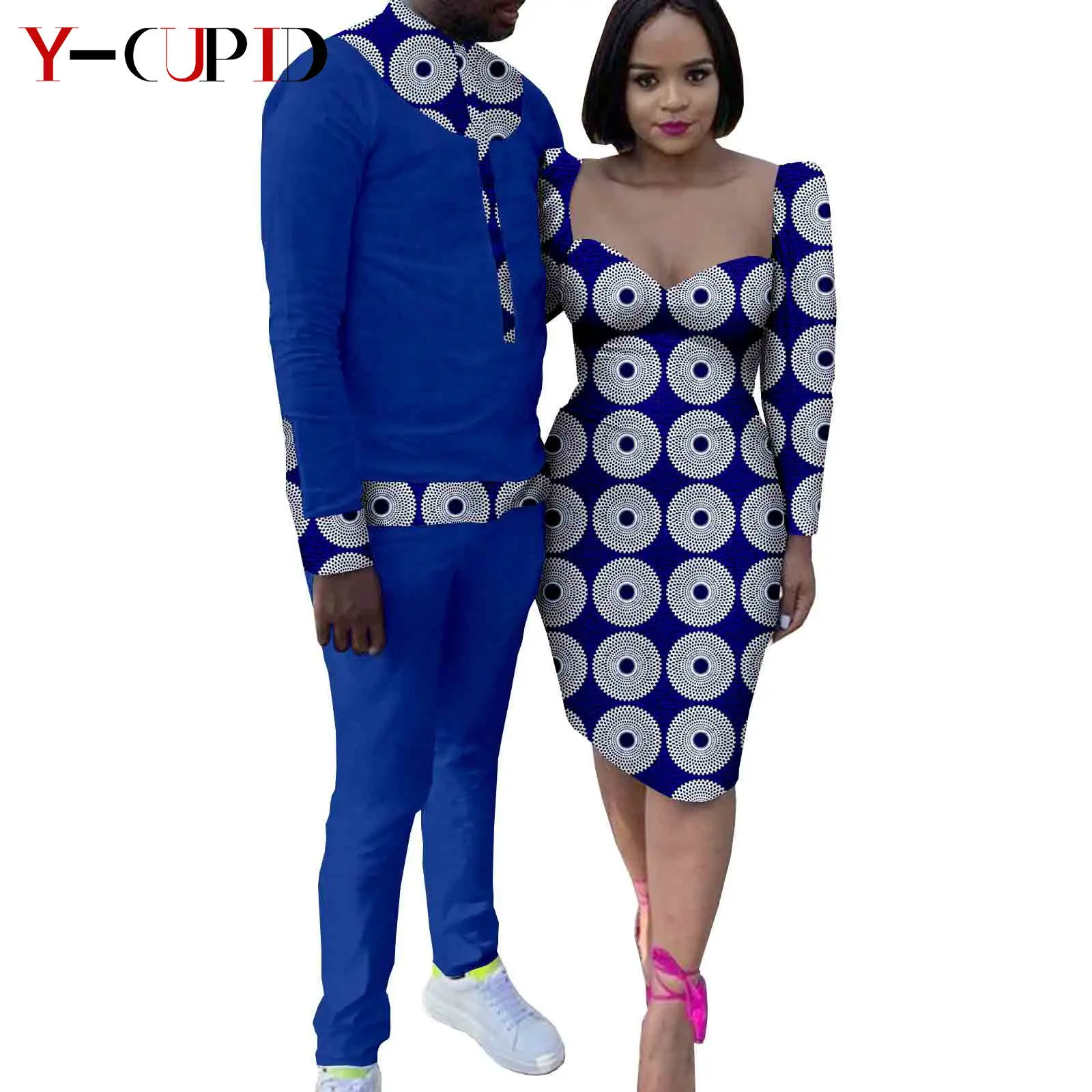 African Clothes for Couples Dashiki Sexy Women Ankara Print Lace Yarn Dresses Matching Men Outfit Shirts and Pants Sets Y22C010