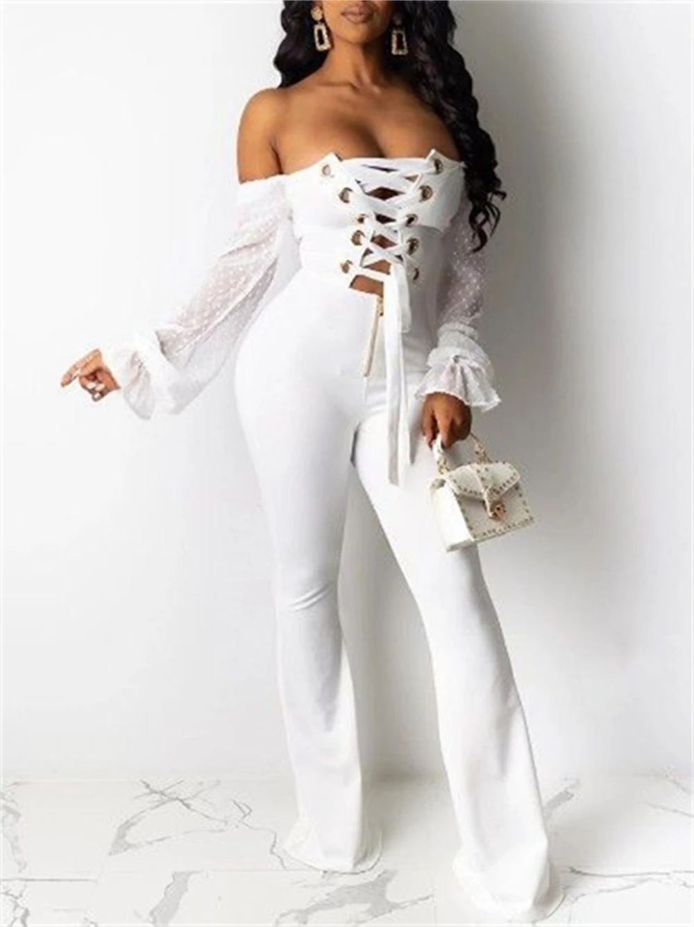 

Overalls for Women Sexy One-Line Shoulder Gold Ring Binding Mesh Gauze Long Sleeve Jumpsuit Fashion Solid Pencil Pants