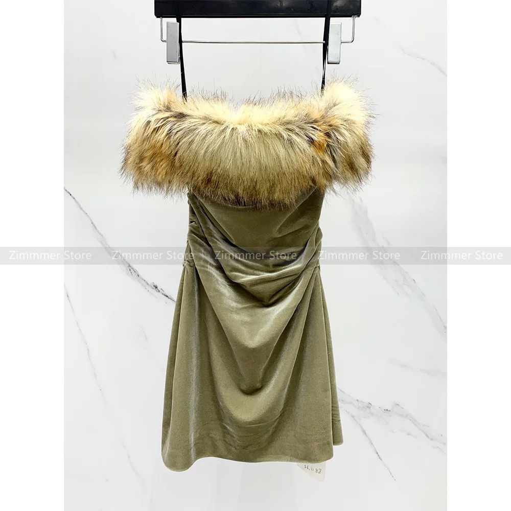

23 Years autumn and winter fashionable retro celebrity temperament environmentally friendly fur one-line collar bustier dress