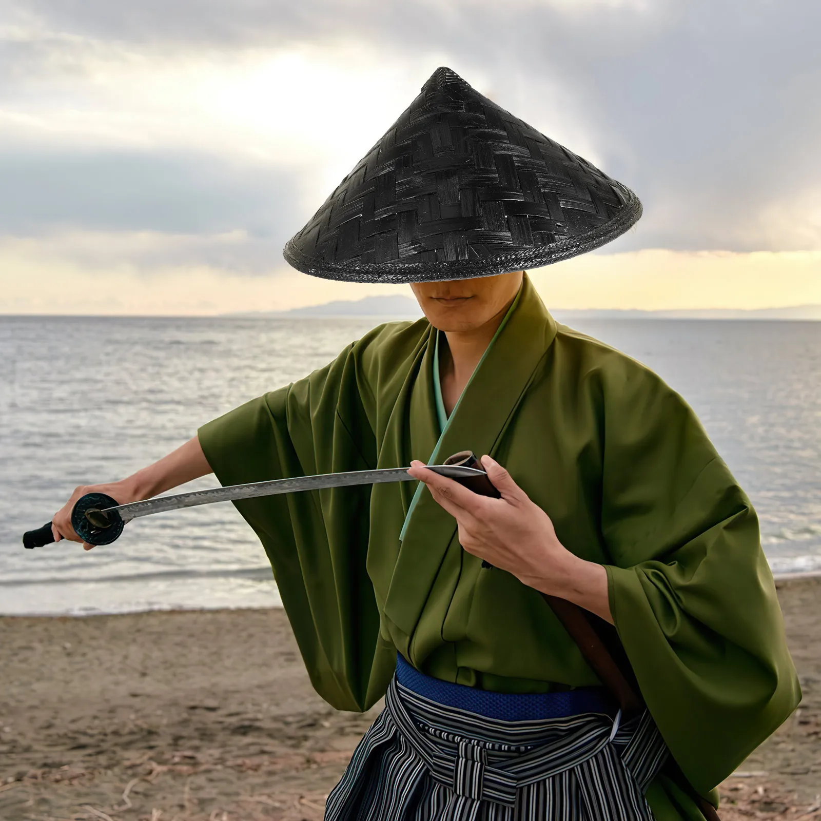 Cappello da Sole Nero Samurai Maschera Samurai Armatura Samurai Cappello da Samurai Cappello di Riso Cappello Cinese Cappello Giapponese Cappello di bambù Cappello da Pesca, Nero, L