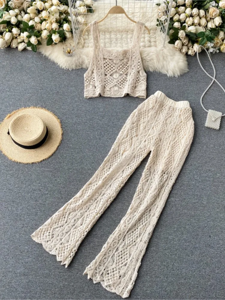 Women Summer Sexy Sleeveless Hollow Out Knitted Short Strap Tops Long Flare Pants Two Piece Suits Boho Beach Clothing