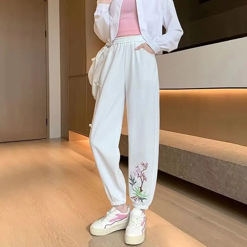 Chinese Style Solid Color Sporty Women's Spring Summer New Elasticized High-waisted Loose Button Pocket Embroidered Casual Pants