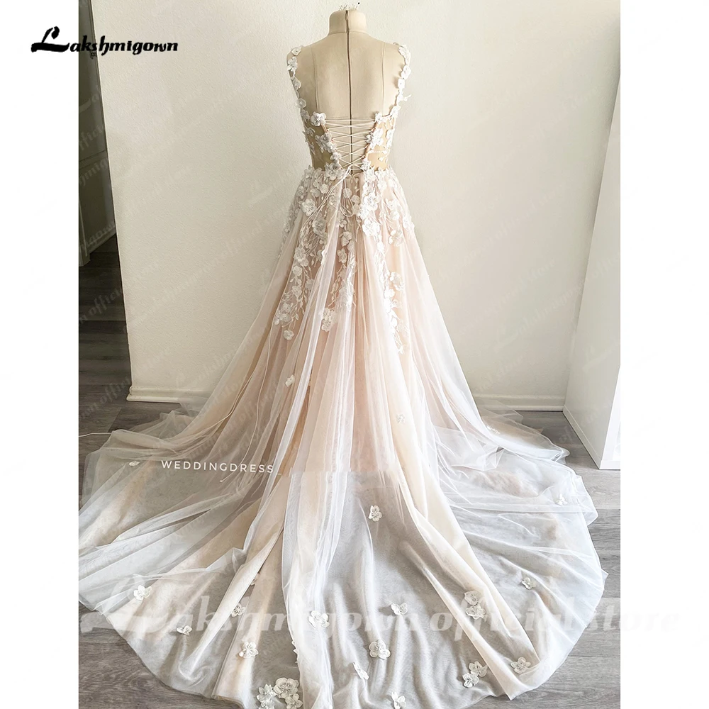 Lakshmigown Light Champagne Wedding Dresses 3D Flowers Spathetti Straps A Line Wedding Gown Beach Sweetheart Wedding Gowns