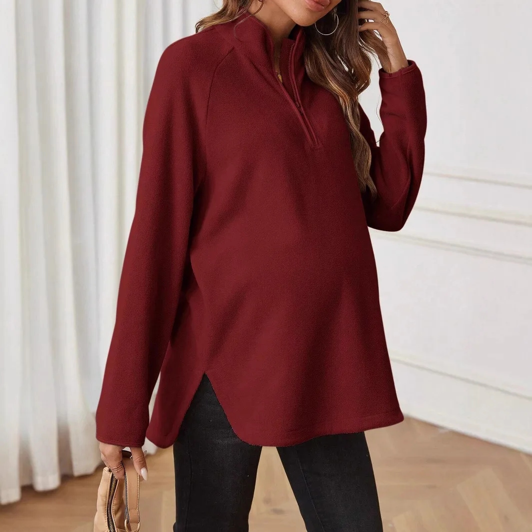 Kadınlar için hamile kıyafetleri Sonbahar Kış Hamile Elbiseleri Photoshoot Giyim Moda Düz Fermuar Gevşek Uzun kollu tişört